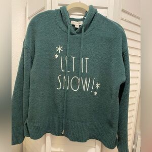 RAE DUNN Chenille “Let it Snow Sweater/Hoodie” Size M/L Hunter Green/White EUC